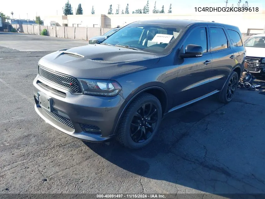 2019 Dodge Durango Gt Plus Rwd VIN: 1C4RDHDG2KC839618 Lot: 40891497