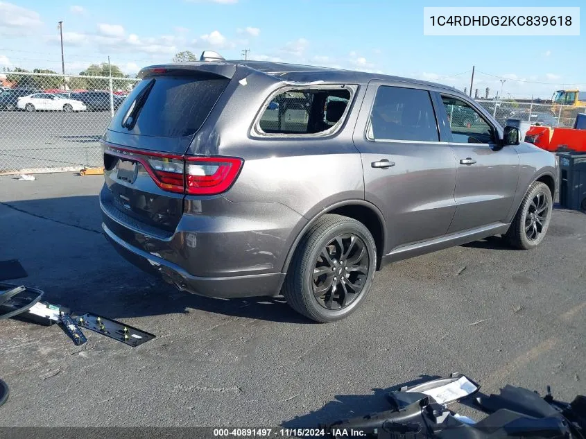 2019 Dodge Durango Gt Plus Rwd VIN: 1C4RDHDG2KC839618 Lot: 40891497