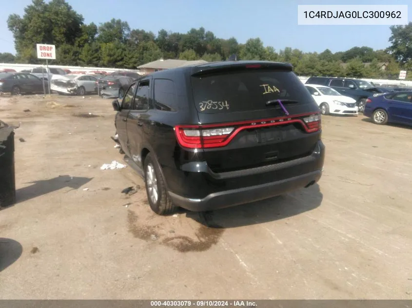 2020 Dodge Durango Sxt VIN: 1C4RDJAG0LC300962 Lot: 40303079