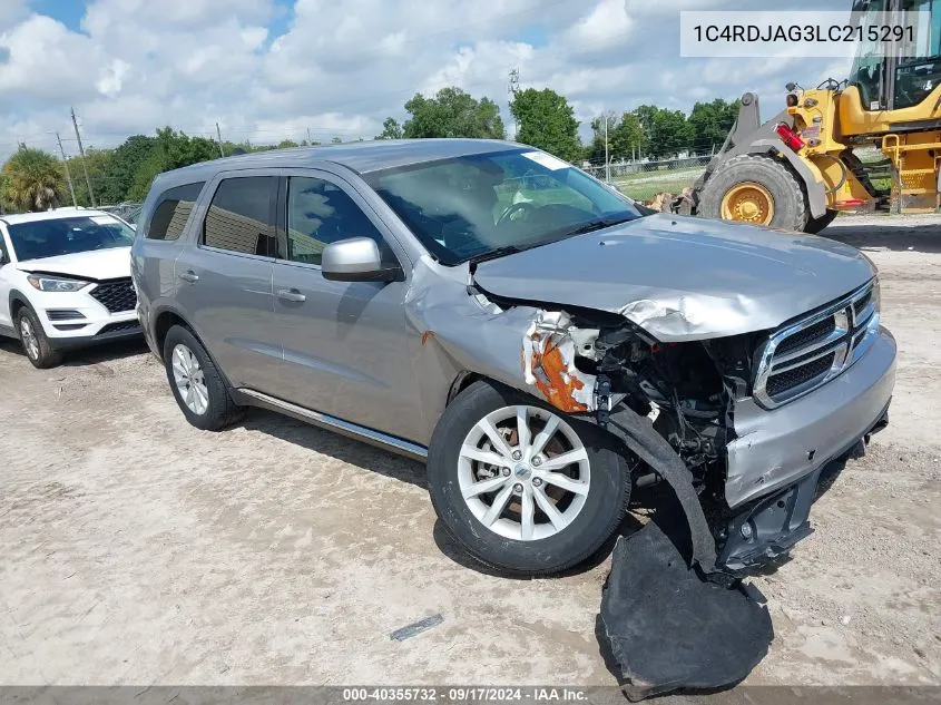 2020 Dodge Durango Sxt Awd VIN: 1C4RDJAG3LC215291 Lot: 40355732