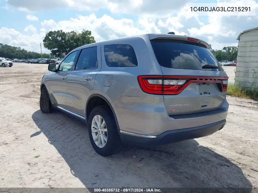 2020 Dodge Durango Sxt Awd VIN: 1C4RDJAG3LC215291 Lot: 40355732