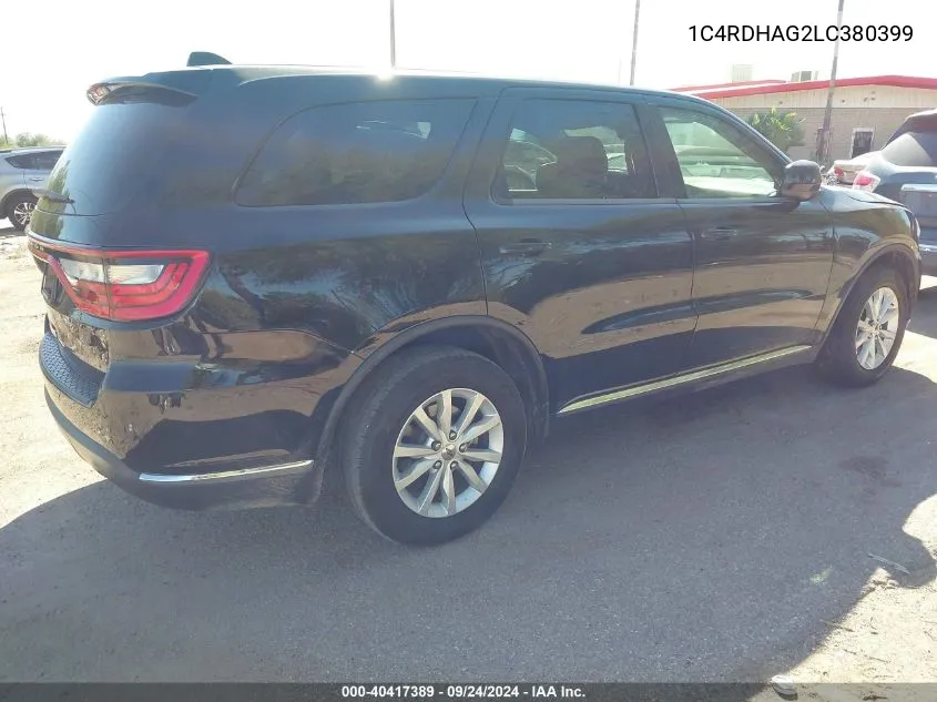 2020 Dodge Durango Sxt VIN: 1C4RDHAG2LC380399 Lot: 40417389