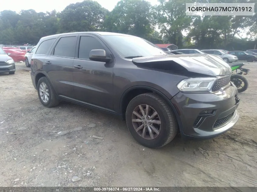 2021 Dodge Durango Sxt Rwd VIN: 1C4RDHAG7MC761912 Lot: 39756374