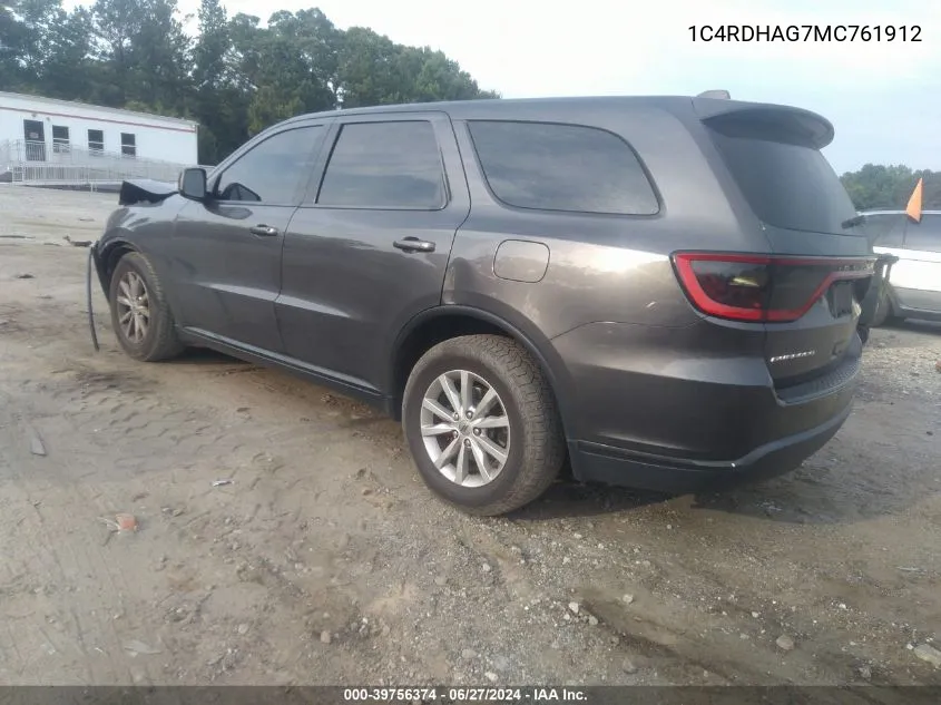 2021 Dodge Durango Sxt Rwd VIN: 1C4RDHAG7MC761912 Lot: 39756374