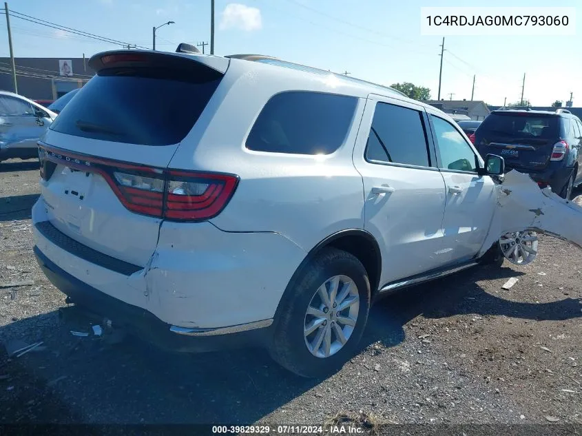 2021 Dodge Durango Sxt Plus Awd VIN: 1C4RDJAG0MC793060 Lot: 39829329