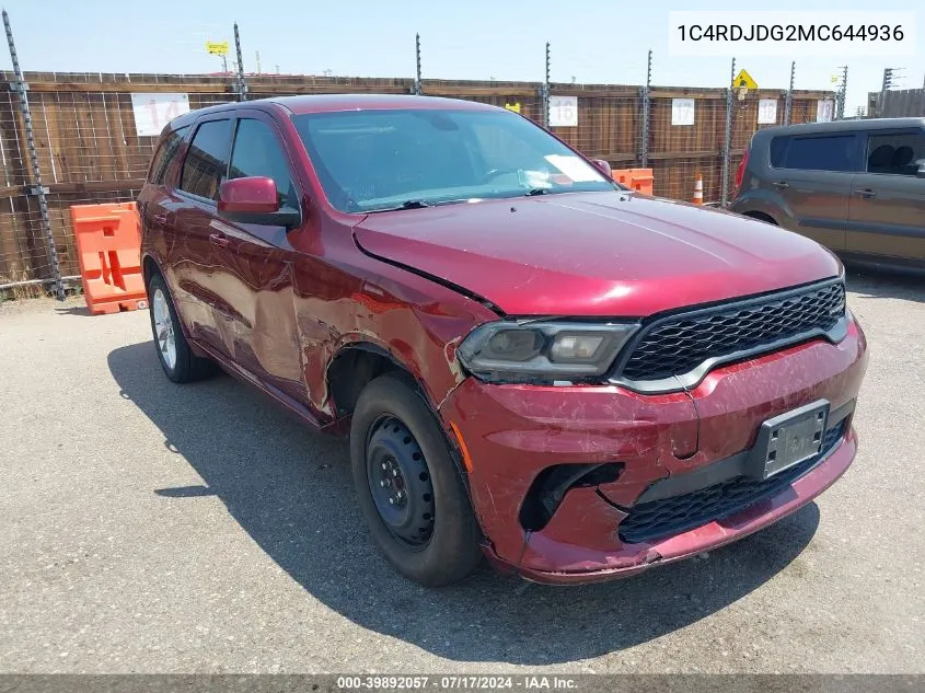 2021 Dodge Durango Gt Awd VIN: 1C4RDJDG2MC644936 Lot: 39892057