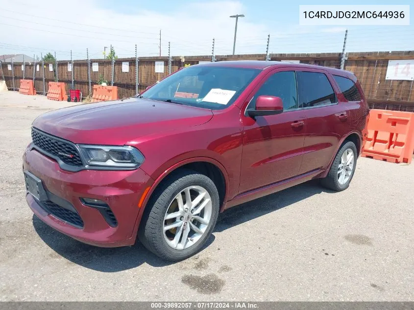 2021 Dodge Durango Gt Awd VIN: 1C4RDJDG2MC644936 Lot: 39892057