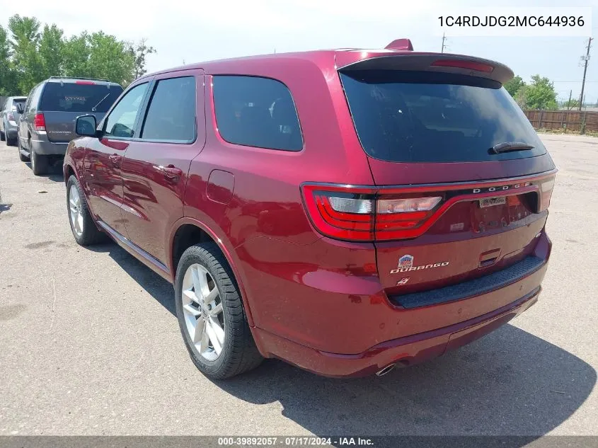 2021 Dodge Durango Gt Awd VIN: 1C4RDJDG2MC644936 Lot: 39892057