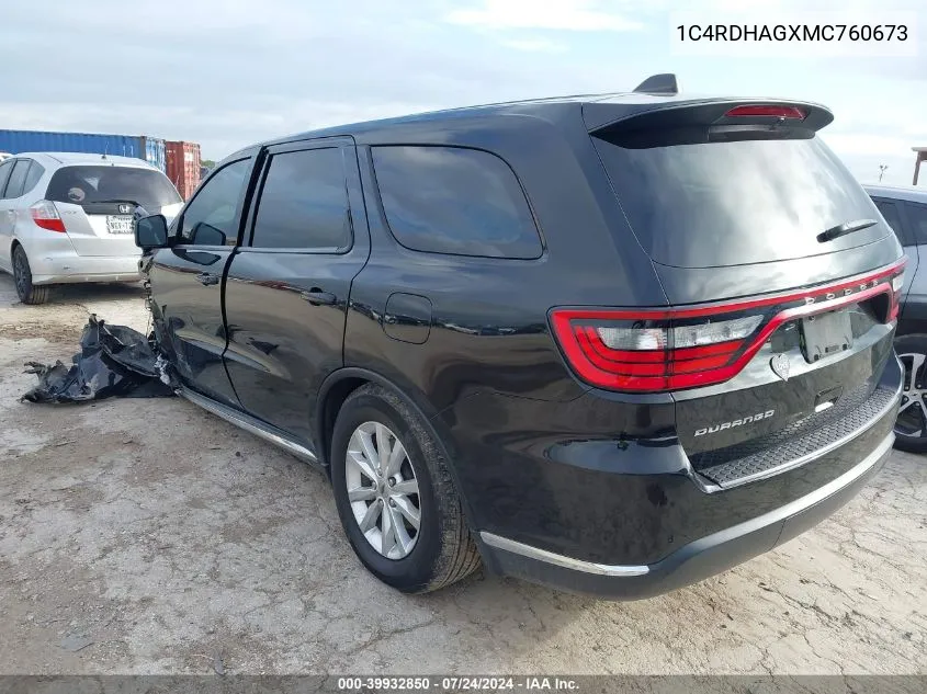 2021 Dodge Durango Sxt Rwd VIN: 1C4RDHAGXMC760673 Lot: 39932850