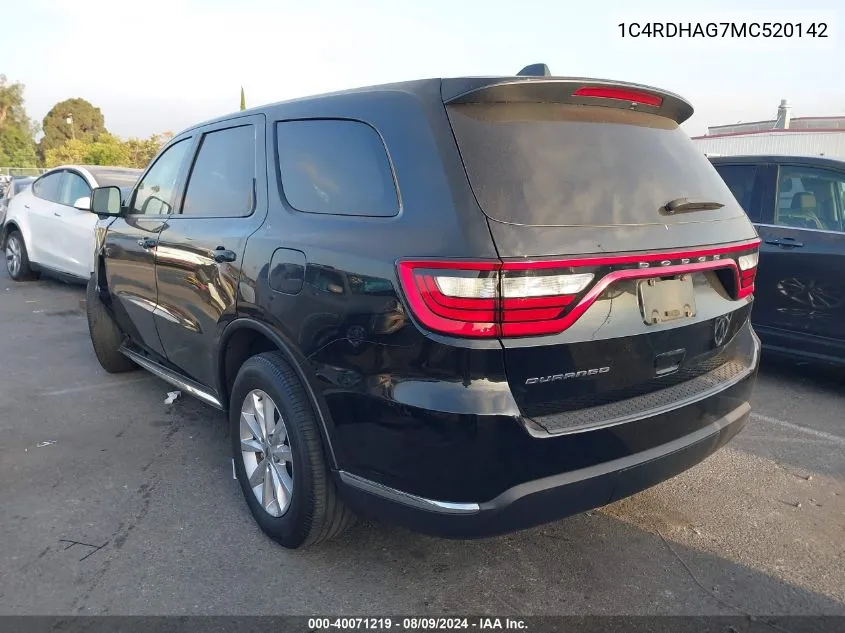 2021 Dodge Durango Sxt Rwd VIN: 1C4RDHAG7MC520142 Lot: 40071219