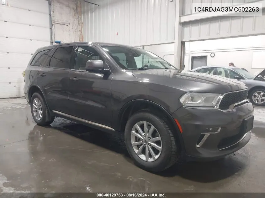 2021 Dodge Durango Sxt Awd VIN: 1C4RDJAG3MC602263 Lot: 40129753