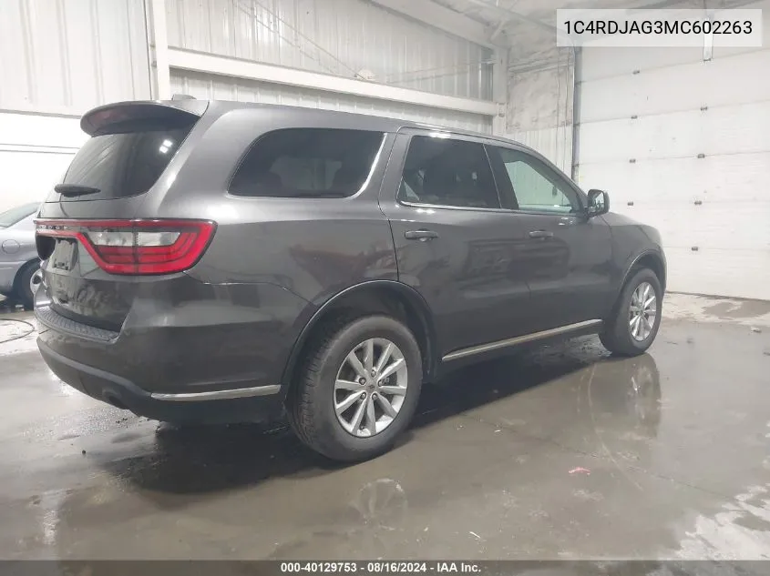 2021 Dodge Durango Sxt Awd VIN: 1C4RDJAG3MC602263 Lot: 40129753