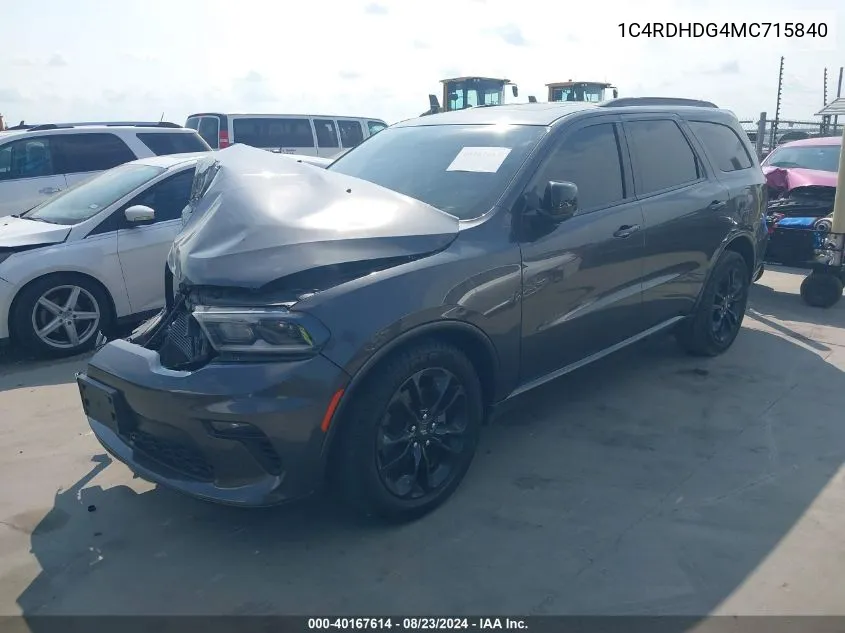 1C4RDHDG4MC715840 2021 Dodge Durango Gt Plus Rwd