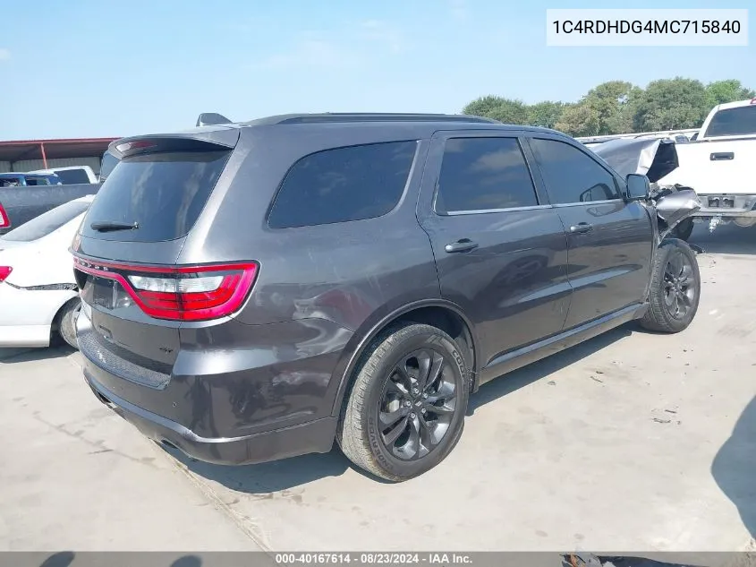 2021 Dodge Durango Gt Plus Rwd VIN: 1C4RDHDG4MC715840 Lot: 40167614