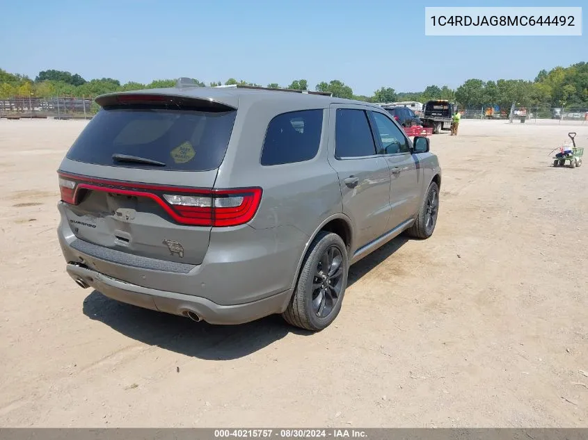 2021 Dodge Durango Sxt Plus Awd VIN: 1C4RDJAG8MC644492 Lot: 40215757