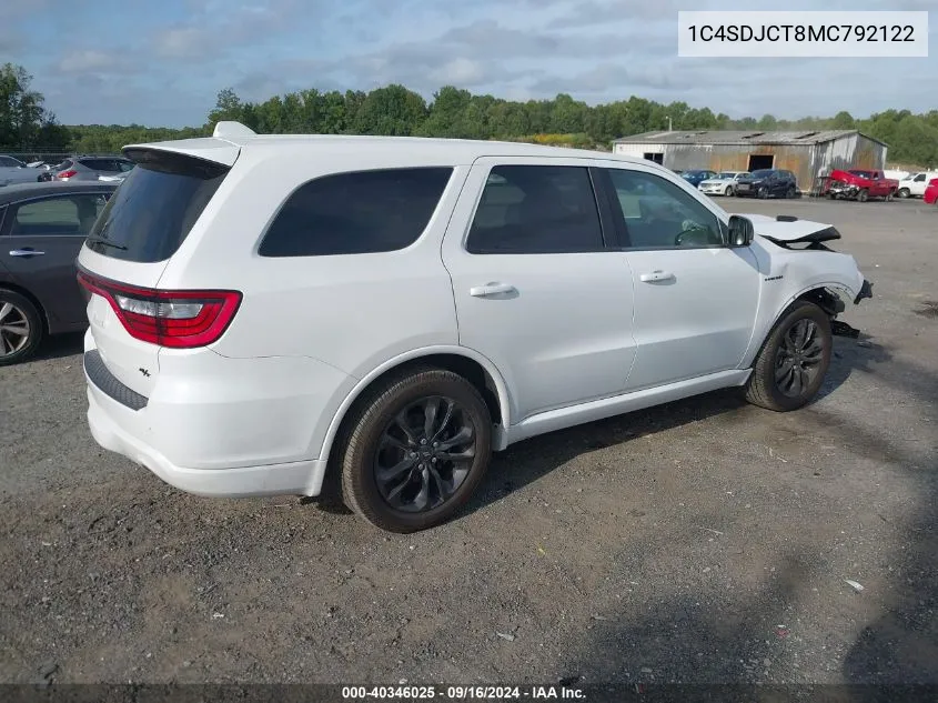 2021 Dodge Durango R/T Awd VIN: 1C4SDJCT8MC792122 Lot: 40346025