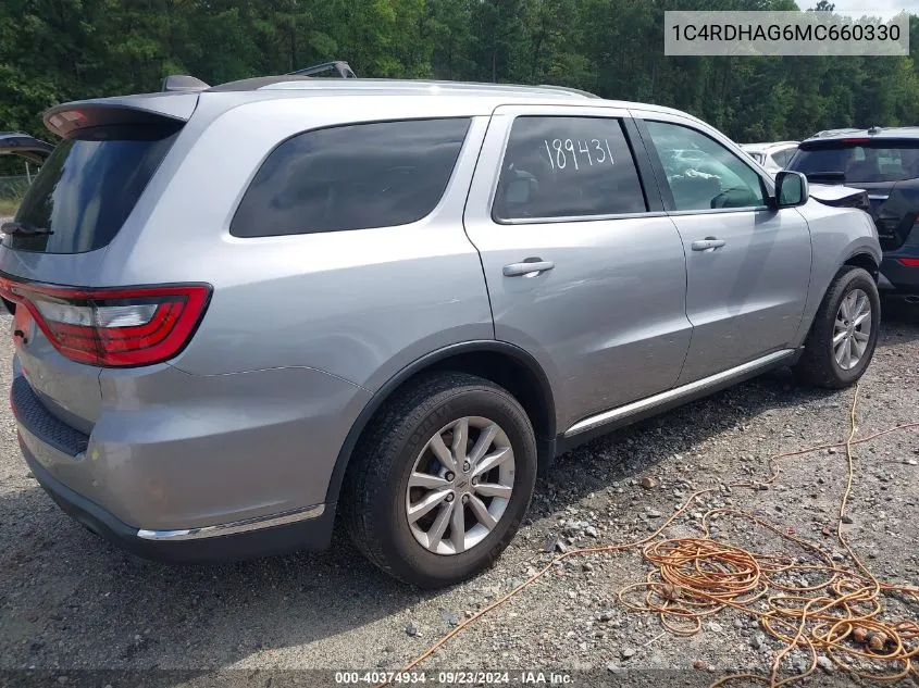 2021 Dodge Durango Sxt Plus Rwd VIN: 1C4RDHAG6MC660330 Lot: 40374934