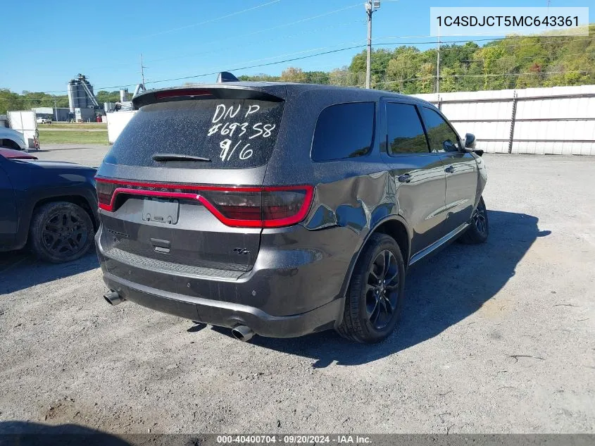 2021 Dodge Durango R/T Awd VIN: 1C4SDJCT5MC643361 Lot: 40400704