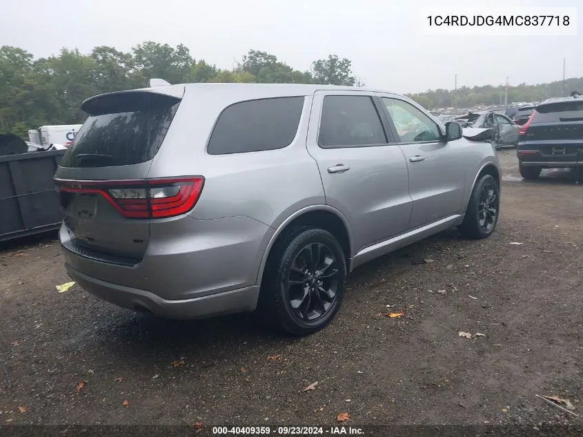 2021 Dodge Durango Gt Plus Awd VIN: 1C4RDJDG4MC837718 Lot: 40409359