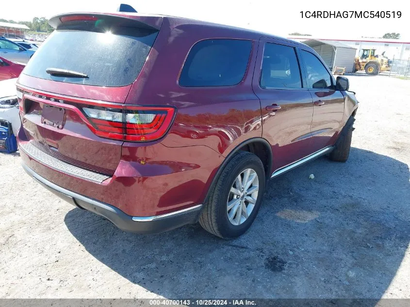 2021 Dodge Durango Sxt Rwd VIN: 1C4RDHAG7MC540519 Lot: 40700143