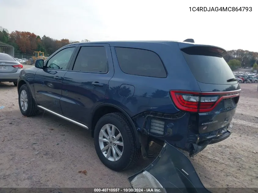 2021 Dodge Durango Sxt Awd VIN: 1C4RDJAG4MC864793 Lot: 40710557