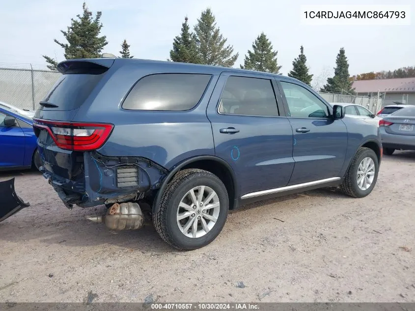 2021 Dodge Durango Sxt Awd VIN: 1C4RDJAG4MC864793 Lot: 40710557