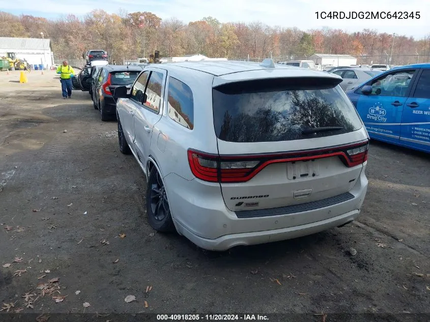 2021 Dodge Durango Gt Plus Awd VIN: 1C4RDJDG2MC642345 Lot: 40918205