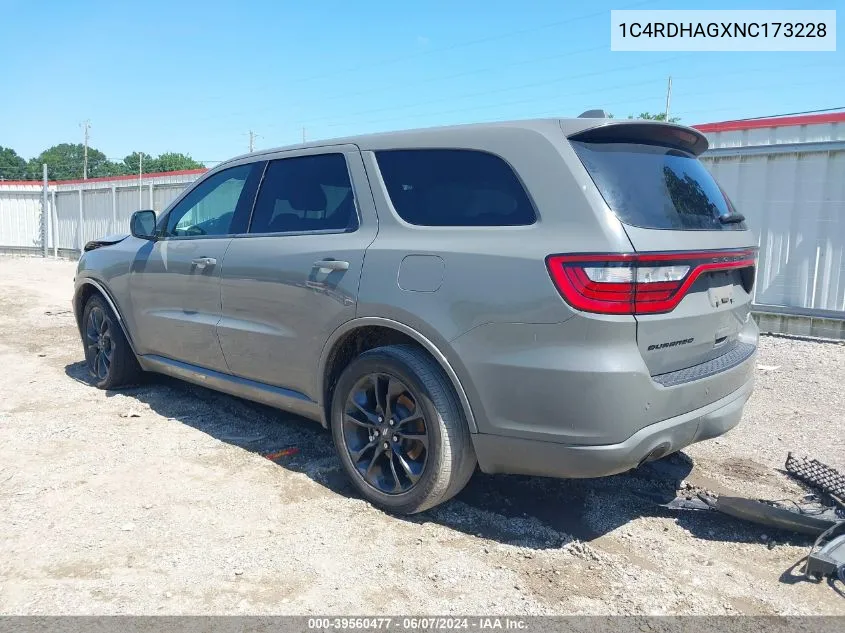 2022 Dodge Durango Sxt Rwd VIN: 1C4RDHAGXNC173228 Lot: 39560477