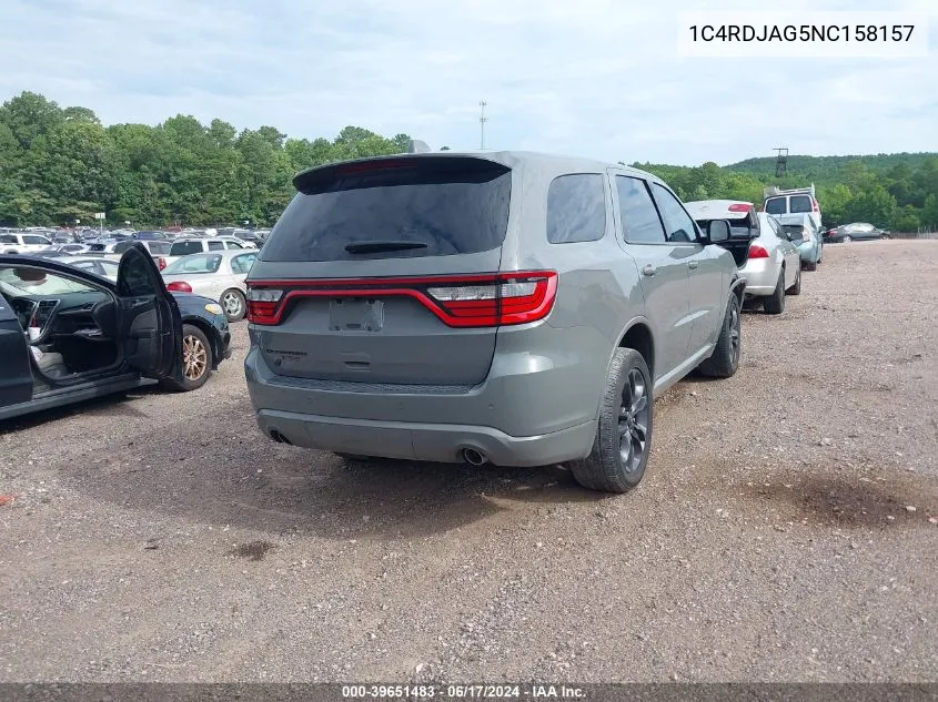 2022 Dodge Durango Sxt Awd VIN: 1C4RDJAG5NC158157 Lot: 39651483