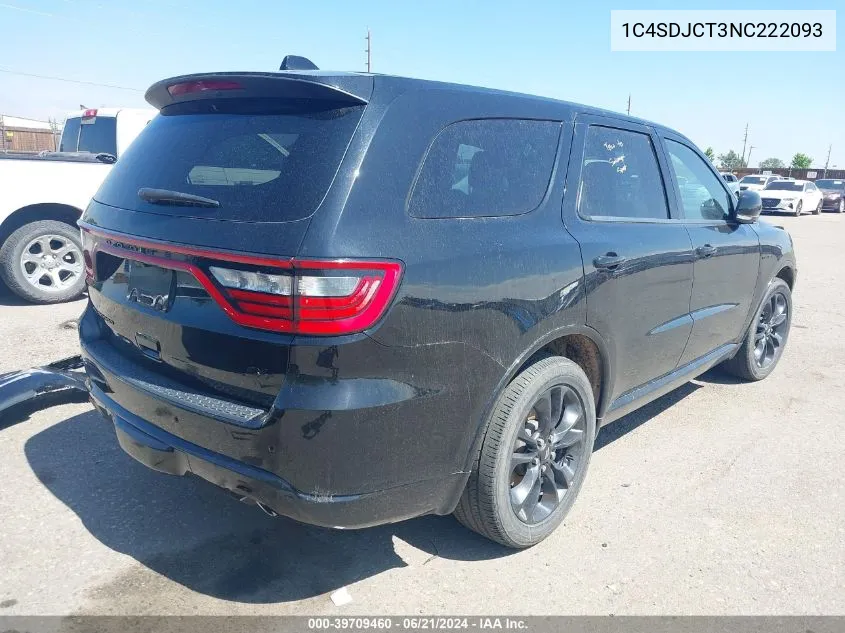 2022 Dodge Durango R/T Awd VIN: 1C4SDJCT3NC222093 Lot: 39709460