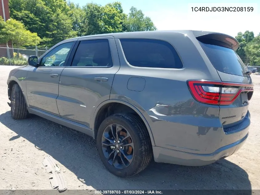 2022 Dodge Durango Gt Awd VIN: 1C4RDJDG3NC208159 Lot: 39759703