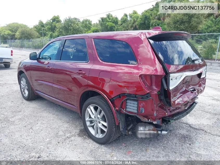 2022 Dodge Durango Gt Plus Awd VIN: 1C4RDJDG5NC137756 Lot: 39867076