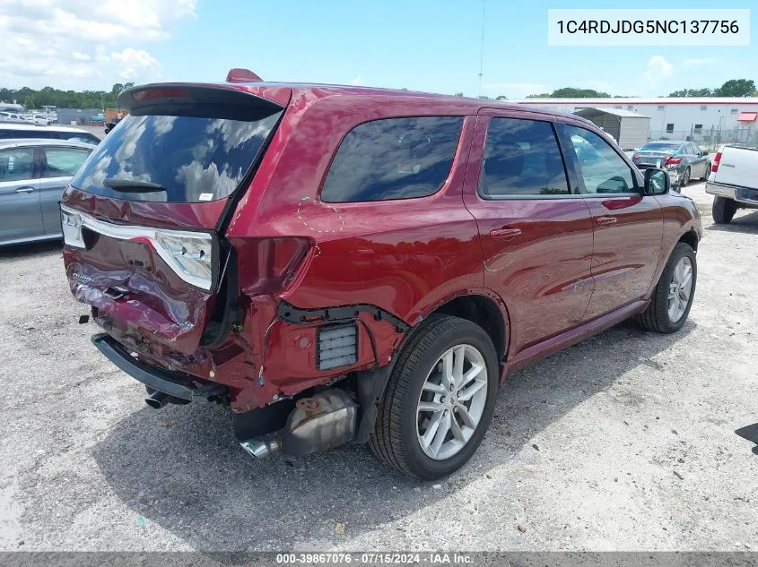 1C4RDJDG5NC137756 2022 Dodge Durango Gt Plus Awd