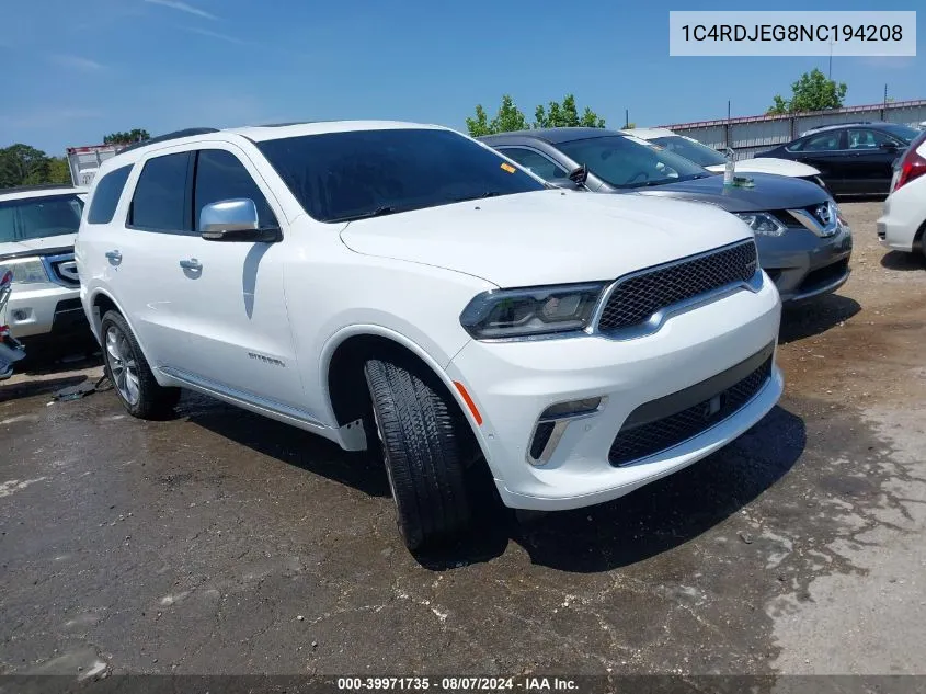 2022 Dodge Durango Citadel Awd VIN: 1C4RDJEG8NC194208 Lot: 39971735