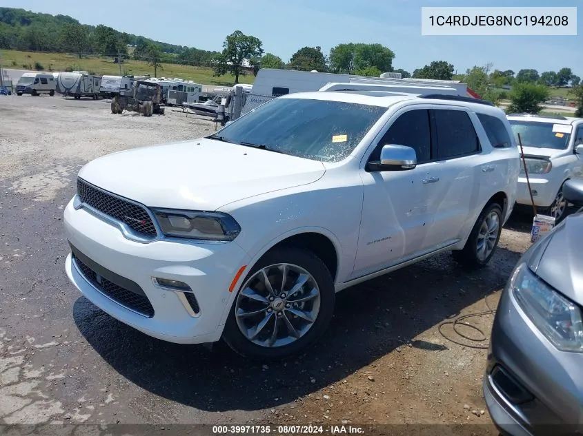 1C4RDJEG8NC194208 2022 Dodge Durango Citadel Awd