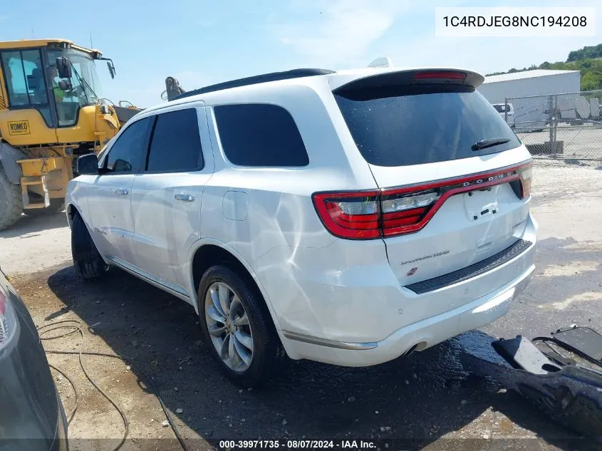 2022 Dodge Durango Citadel Awd VIN: 1C4RDJEG8NC194208 Lot: 39971735