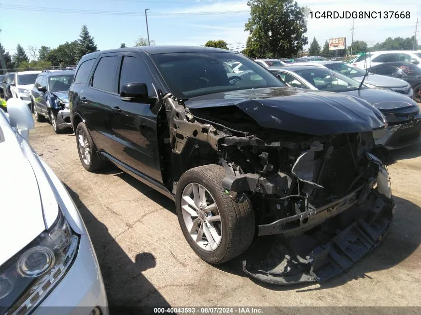 2022 Dodge Durango Gt Plus Awd VIN: 1C4RDJDG8NC137668 Lot: 40043593