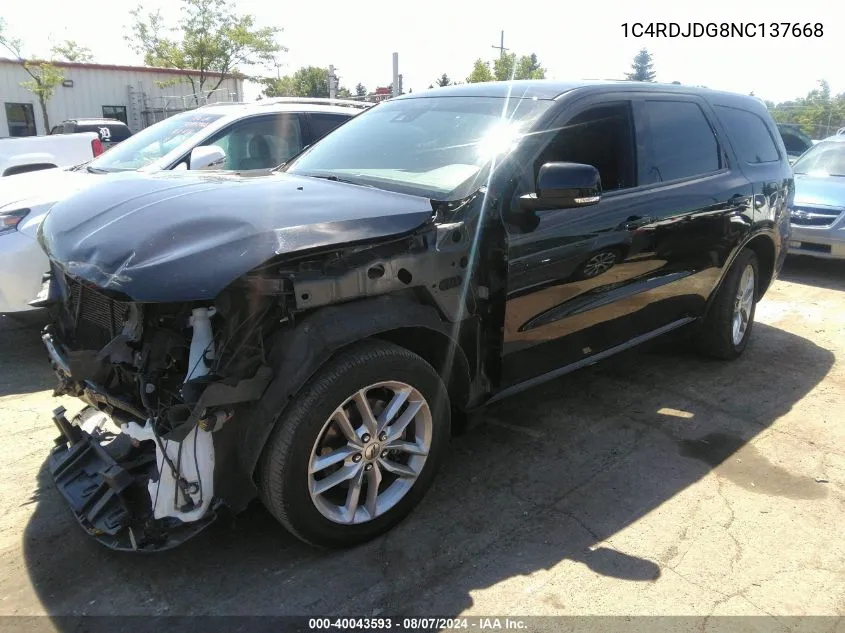 2022 Dodge Durango Gt Plus Awd VIN: 1C4RDJDG8NC137668 Lot: 40043593