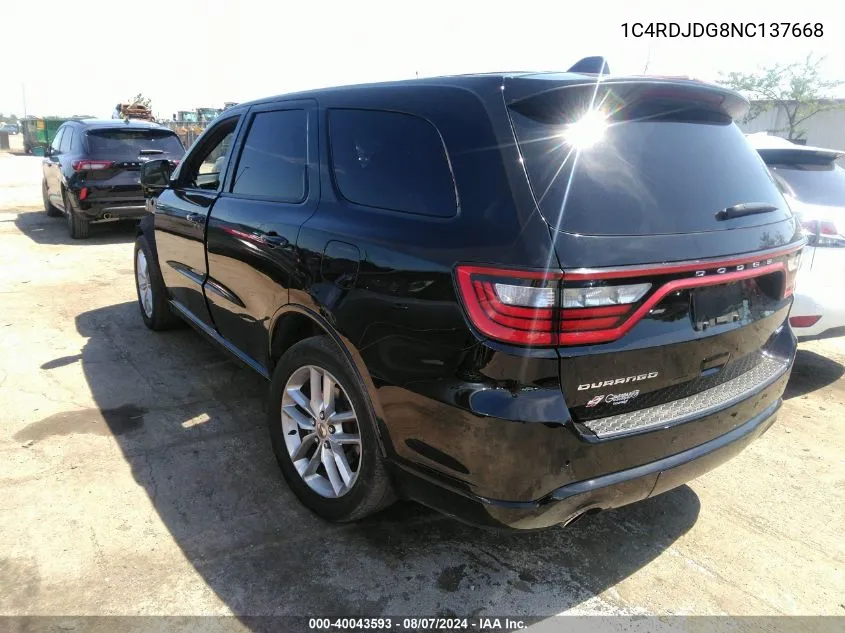 2022 Dodge Durango Gt Plus Awd VIN: 1C4RDJDG8NC137668 Lot: 40043593