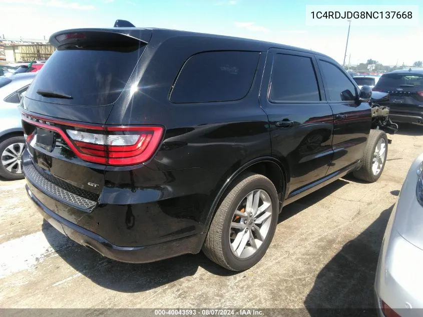 1C4RDJDG8NC137668 2022 Dodge Durango Gt Plus Awd