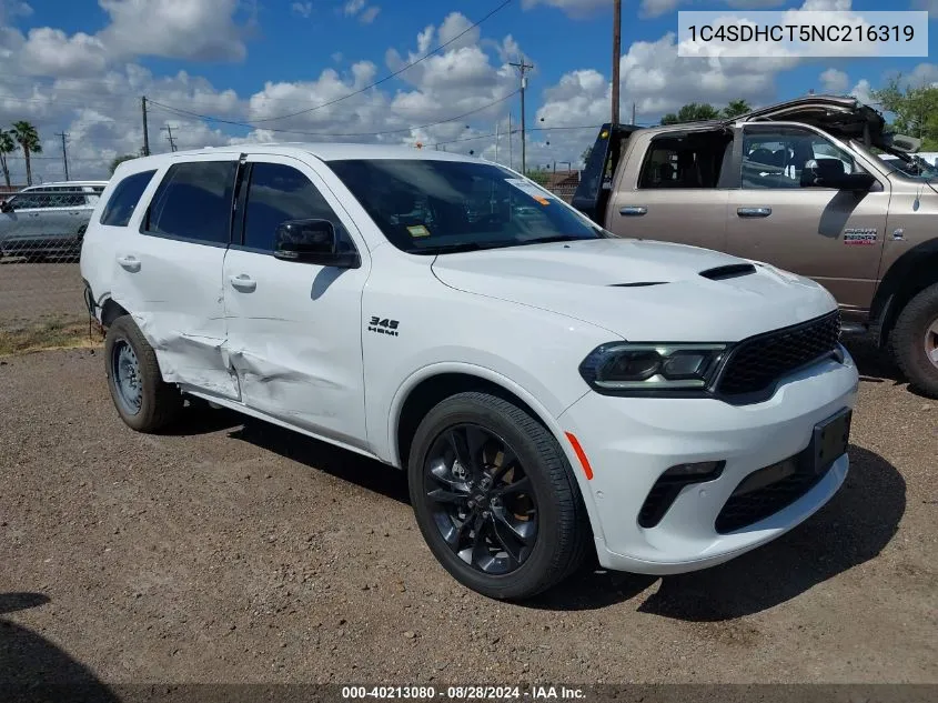 2022 Dodge Durango R/T Rwd VIN: 1C4SDHCT5NC216319 Lot: 40213080