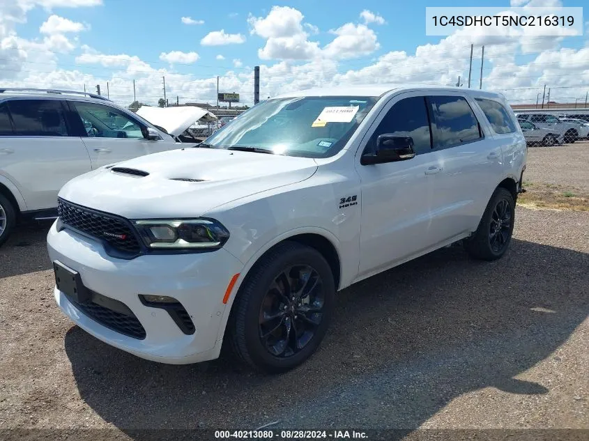 2022 Dodge Durango R/T Rwd VIN: 1C4SDHCT5NC216319 Lot: 40213080