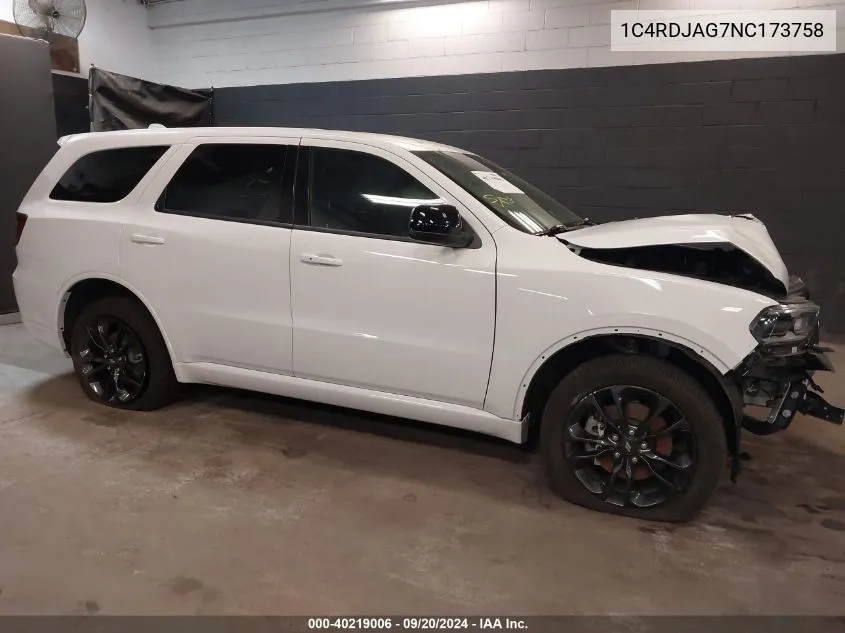 2022 Dodge Durango Sxt Awd VIN: 1C4RDJAG7NC173758 Lot: 40219006