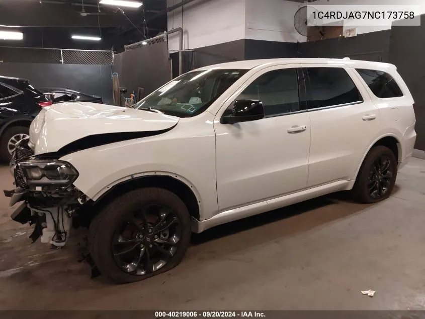 2022 Dodge Durango Sxt Awd VIN: 1C4RDJAG7NC173758 Lot: 40219006