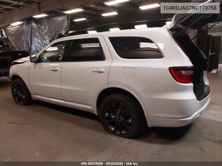 2022 Dodge Durango Sxt Awd VIN: 1C4RDJAG7NC173758 Lot: 40219006