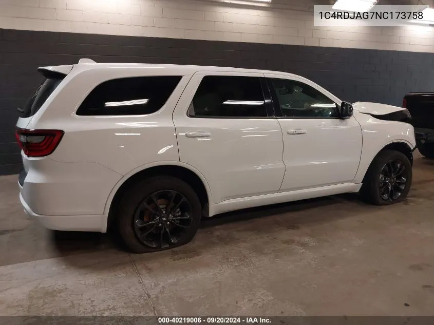 2022 Dodge Durango Sxt Awd VIN: 1C4RDJAG7NC173758 Lot: 40219006