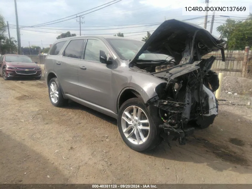 2022 Dodge Durango Gt Plus Awd VIN: 1C4RDJDGXNC137669 Lot: 40381128