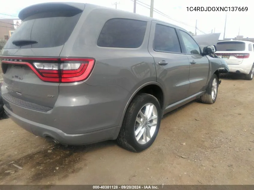 2022 Dodge Durango Gt Plus Awd VIN: 1C4RDJDGXNC137669 Lot: 40381128