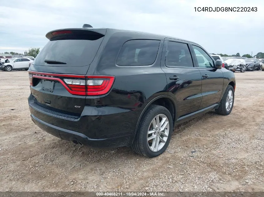 2022 Dodge Durango Gt Awd VIN: 1C4RDJDG8NC220243 Lot: 40468211