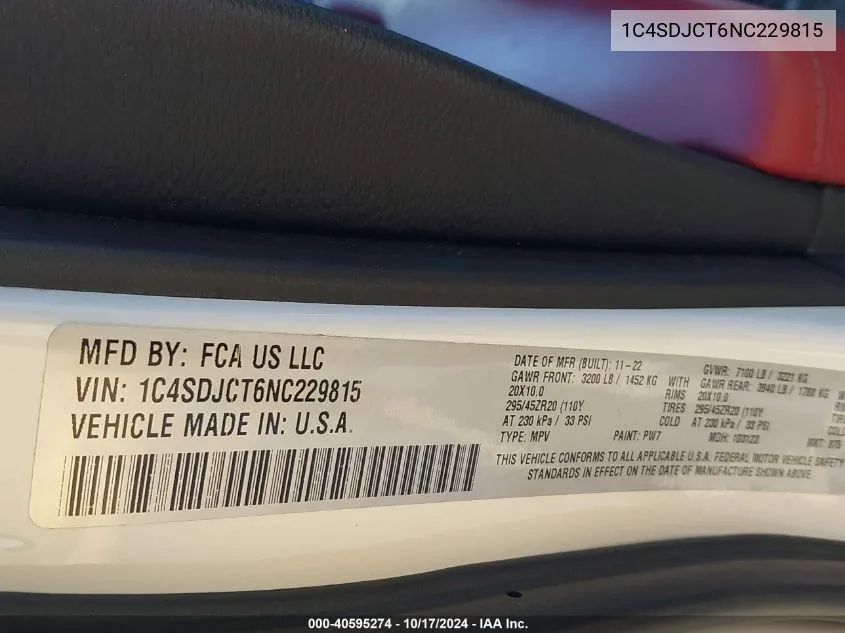 2022 Dodge Durango R/T VIN: 1C4SDJCT6NC229815 Lot: 40595274